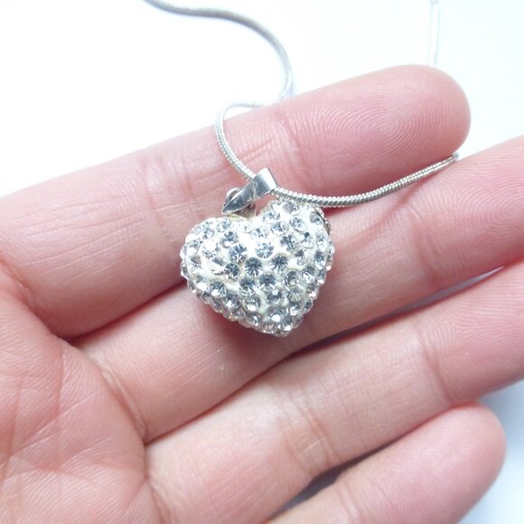 Sterling silver snake chain necklace w/ cubic zirconia rhinestones puffed heart - Picture 2 of 14